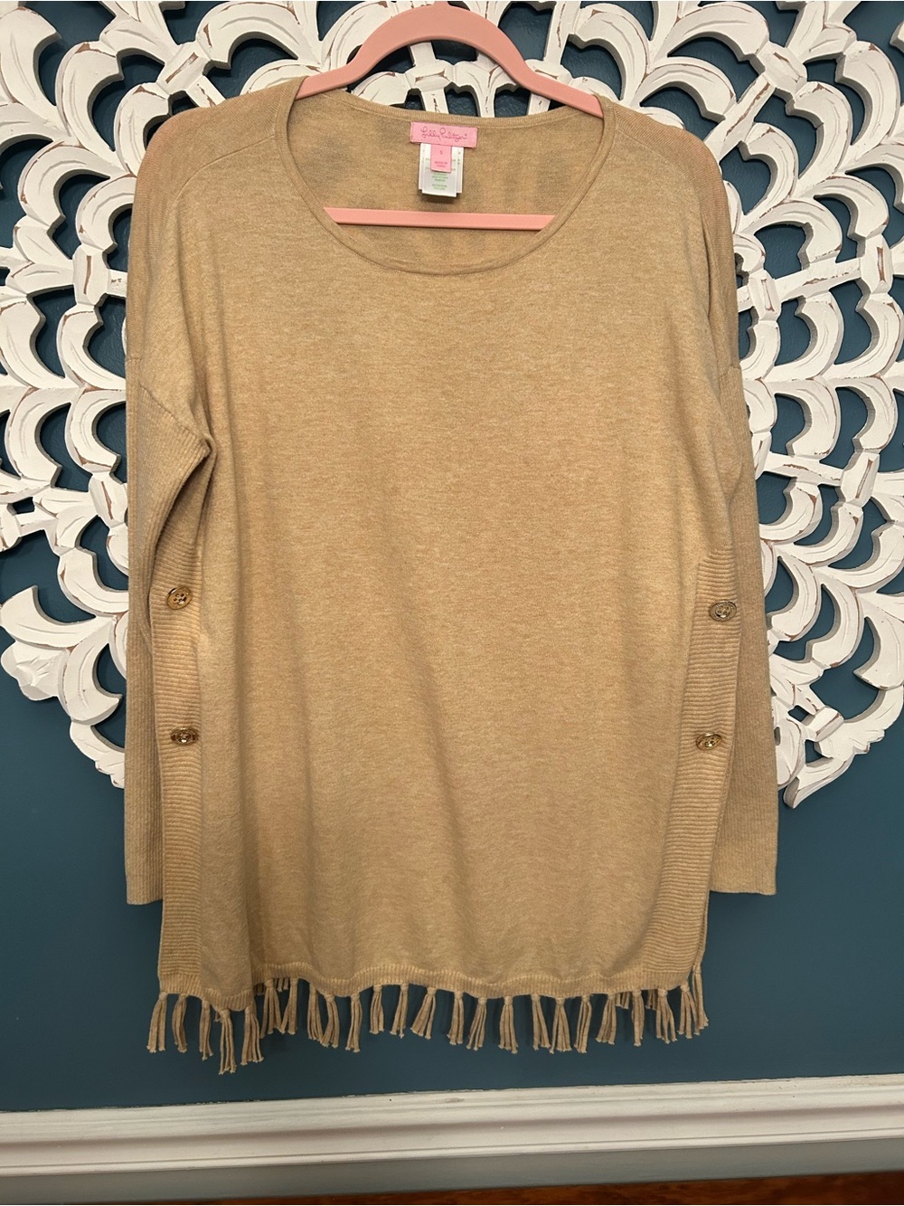 Lilly Pulitzer Tan Fringe Hem Long Sleeve Sweater w/ gold buttons on side